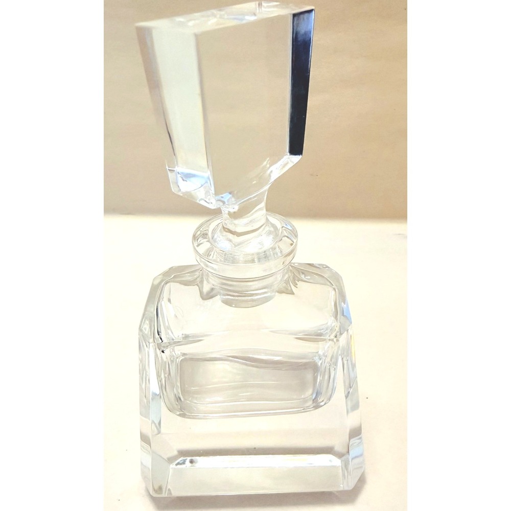 VTG 5" Clear Cut Crystal Perfume Bottle Square Geometric Art Deco Wedge Stopper